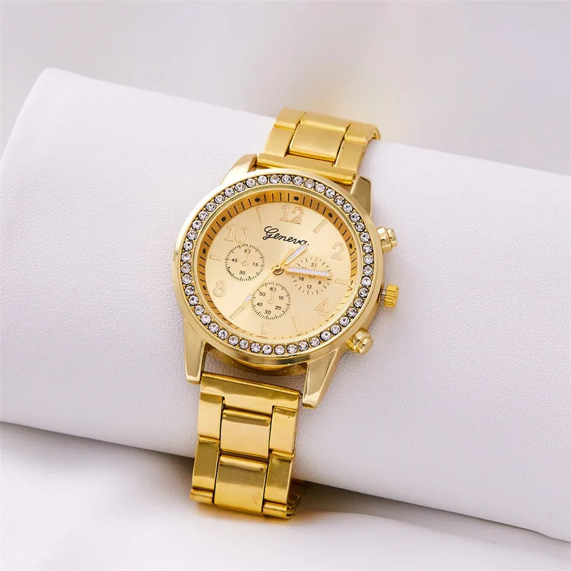 Geneva alloy diamond studded steel strip watch for women, Geneva quartz watch for women