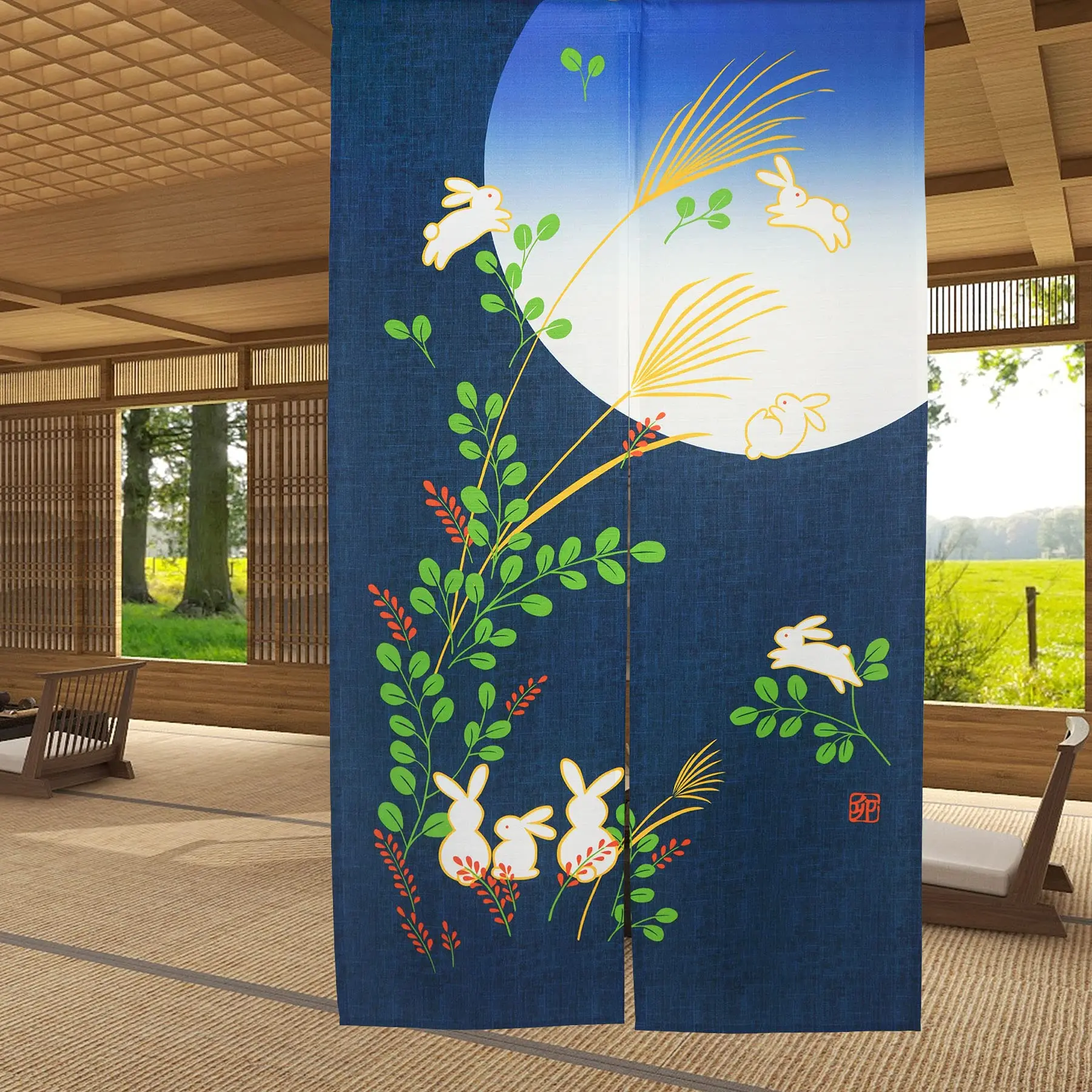 Cute Rabbit Under Moon Japanese Noren Door Curtain Feng Shui Half-Curtains Kitchen Partition Entrance Curtain Home Decorations