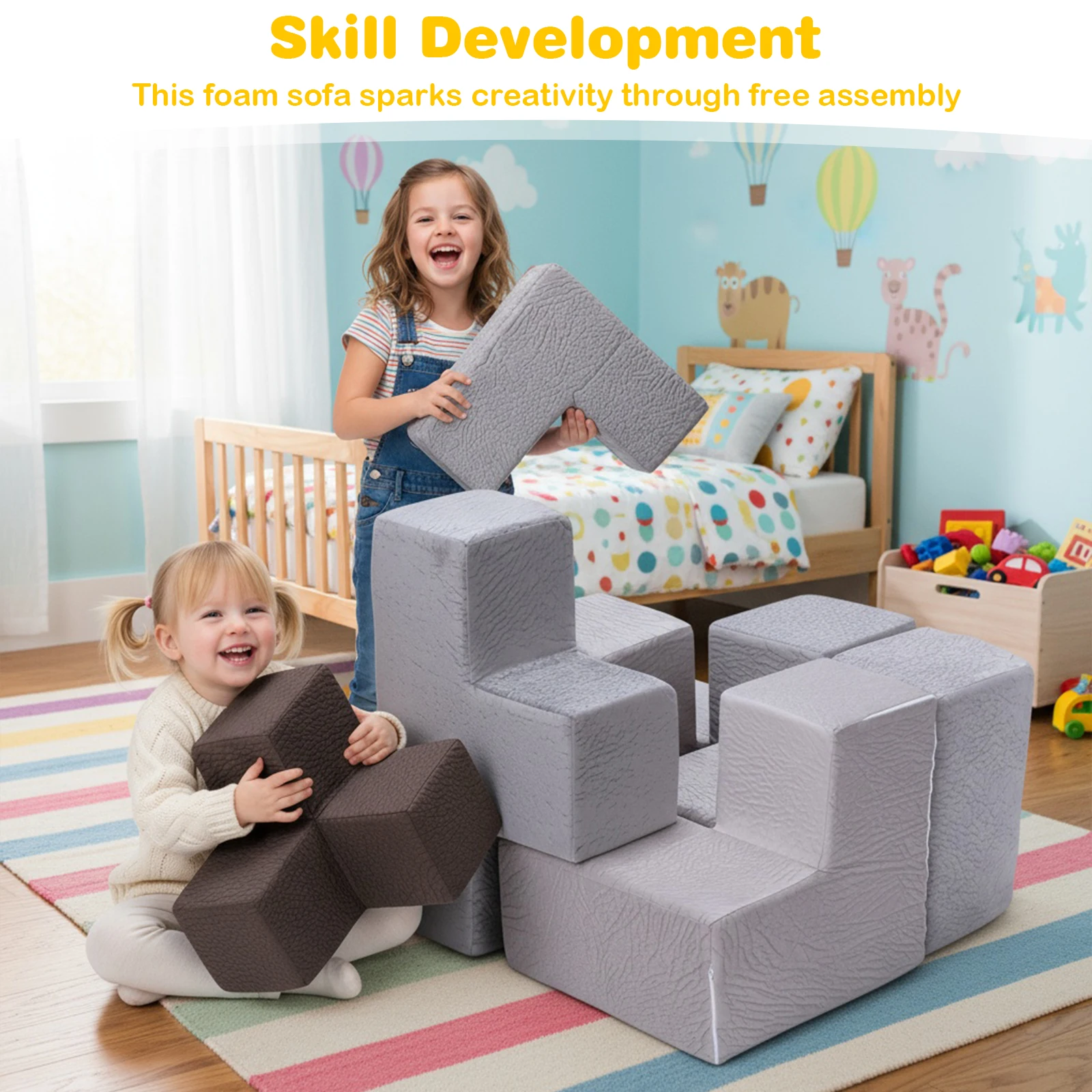 

7Pcs Creativity Sectional Sofa Washable Elastic Sponge Toddler Cushions Wear Resist for Kids Bedroom Playroom Furnitures