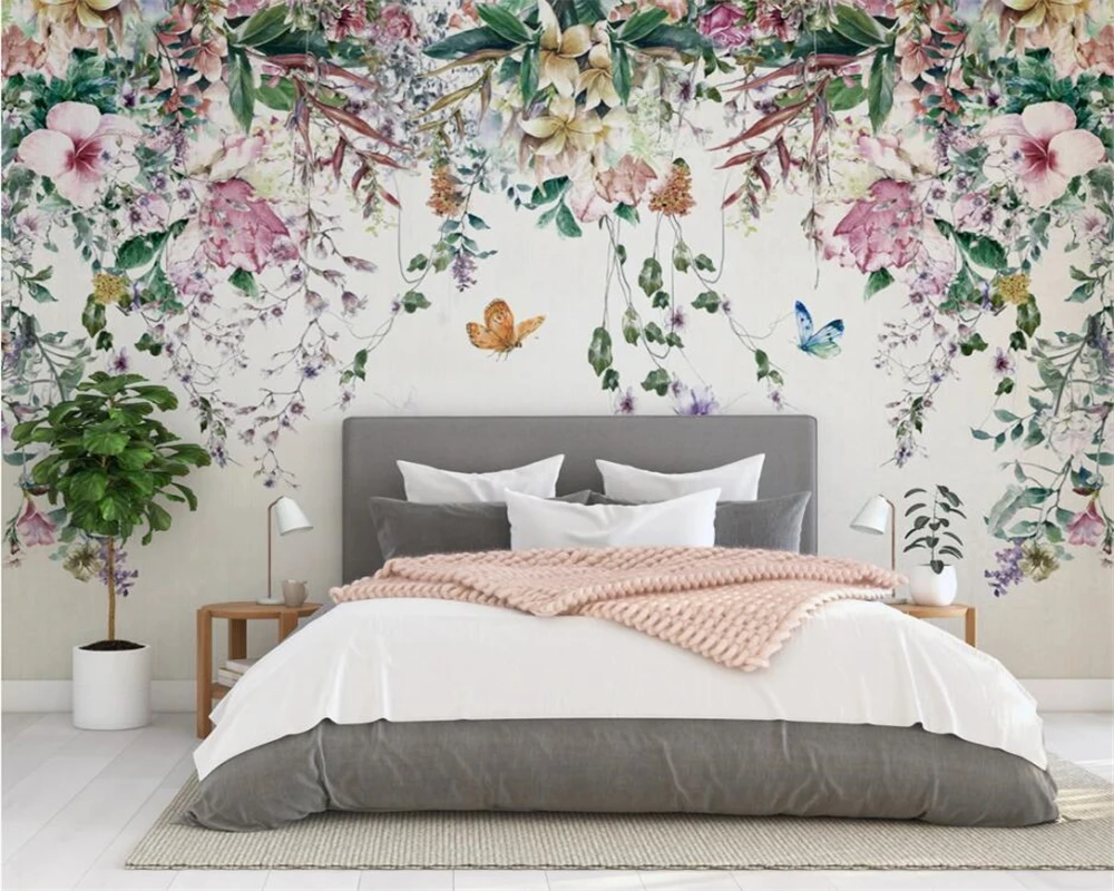 Customized products wallpaper Modern fresh watercolor vine flower mural home decoration painting room living room TV backdrop 3d