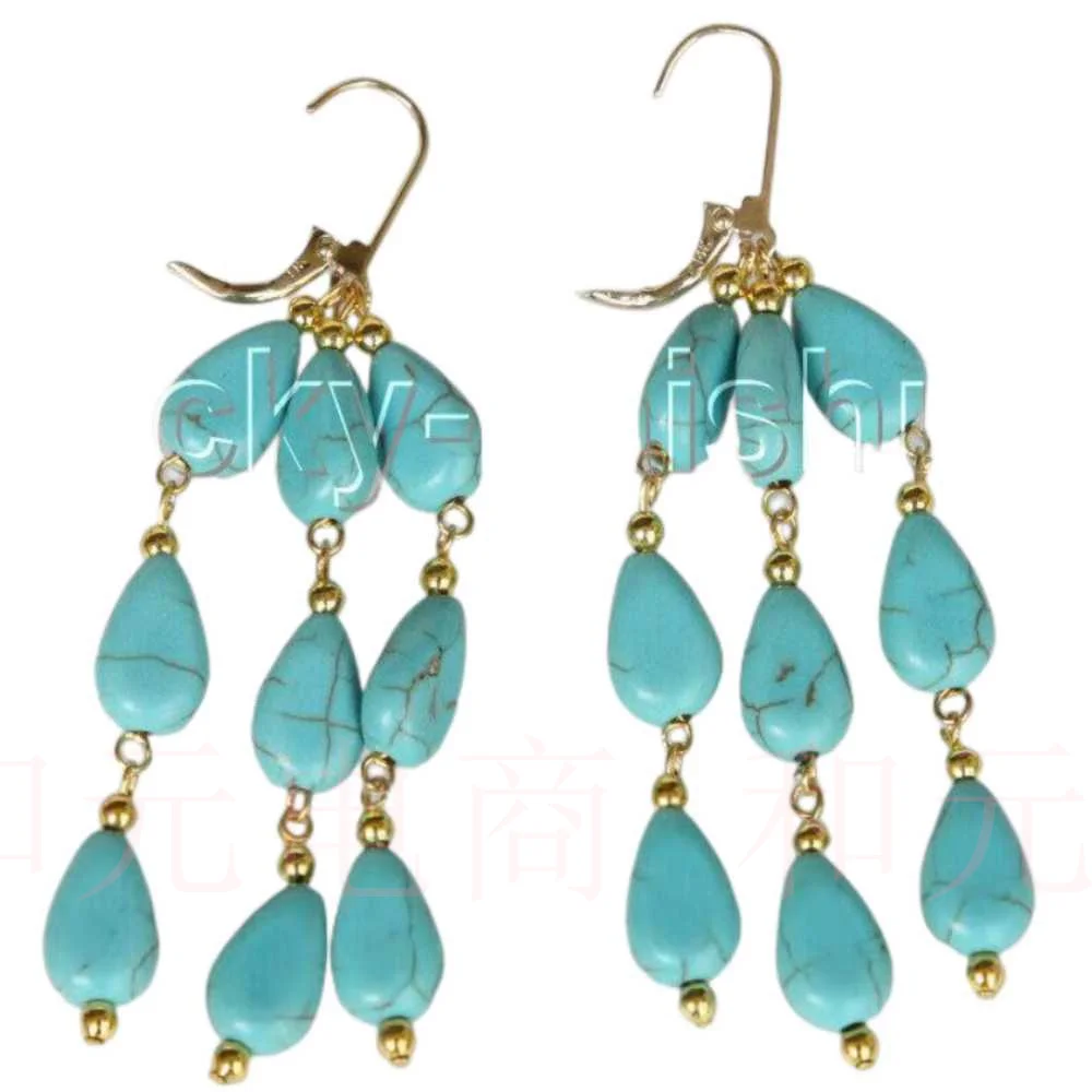 

AAA natural blue Dangle drop turquoise beads earrings 14K solid gold Art Bridal Bohemian Hoop Men Office Custom Unisex Stud