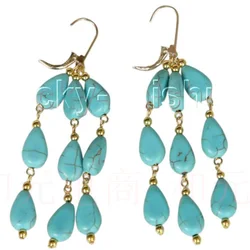 AAA natural blue Dangle drop turquoise beads earrings 14K solid gold Art Bridal Bohemian Hoop Men Office Custom Unisex Stud