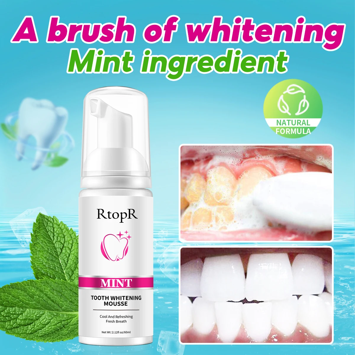 RtopR Teeth Cleansing Whitening Mousse Removes Stains Teeth Whitening Oral Hygiene Mousse Toothpaste Whitening and Staining 60ml