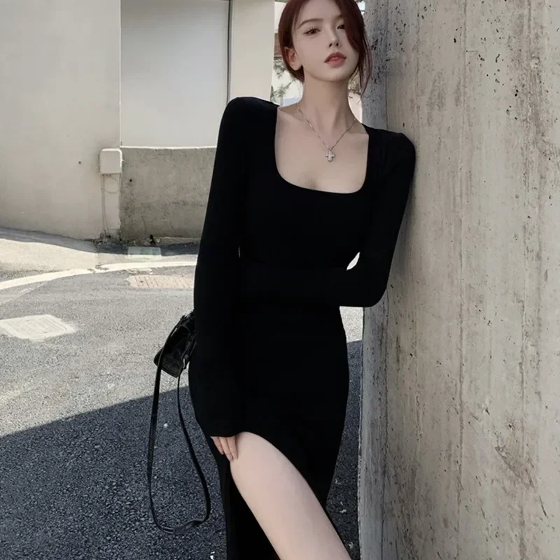 

Sexy Side Slit Dress for Women Tight-fitting Wrap Hip Over-the-knee Long Sleeved Dresses Black Street Bodycon Vestidos De Noche