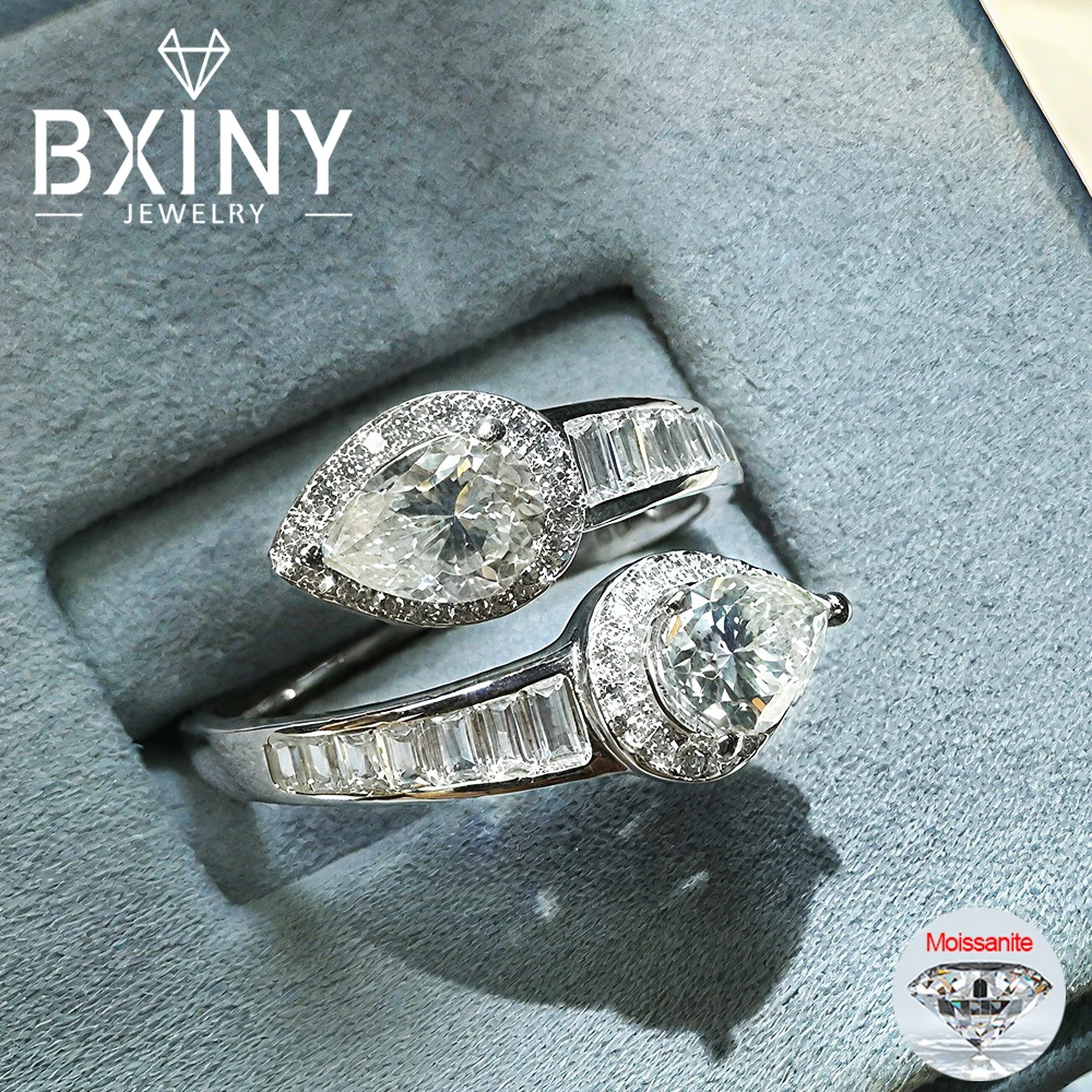 

BXINY Double Pear Cut Moissanite Ring S925 Silver WaterDrop Lab Diamond Adjustable Band for Women Men Gift Fine Jewelry With GRA