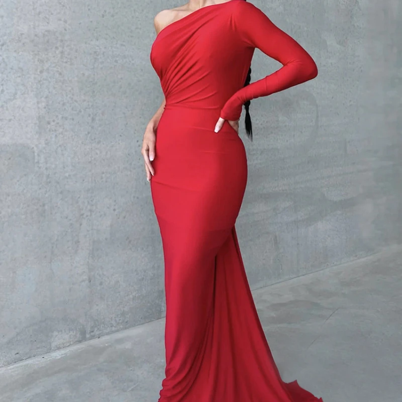 Women Elegant One Shoulder Long Sleeve Backless Ruched Sexy Maxi Prom Dress 2023 Fall Slim Wedding Party Clothes