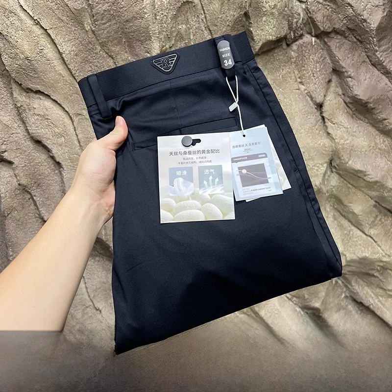 

Busin Casual Silk Blend Summer Thin Breathable Men's Pants Drapey Comfortable Straight Leg Long Trousers for Daily Wear