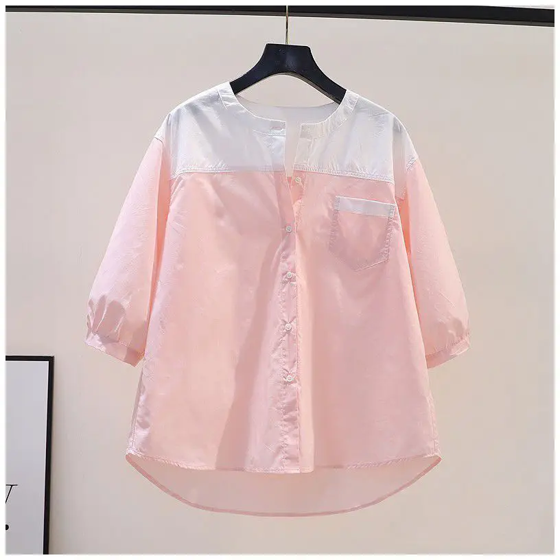 

Women's round Ne Pure Cotton irt Casual mid Sve Collar Faion Design Spring New Sle Korean Loose Fit Top