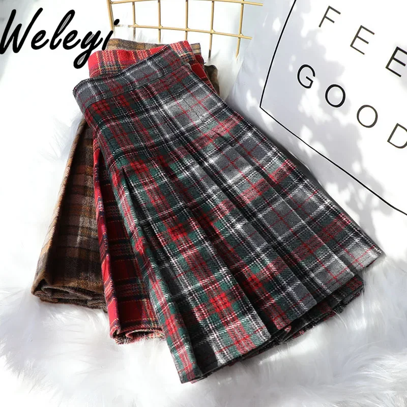 

Autumn and Winter Plaid Pleated Tweed Skirt Student College High Waist Anti-light Woolen Thickened A-line Short Skirts Pants