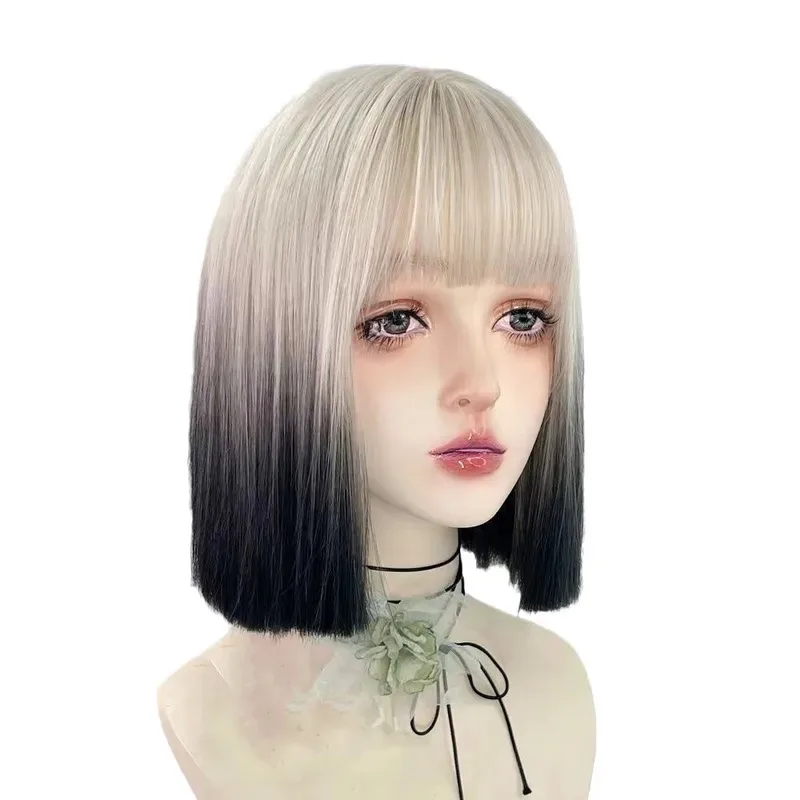 Zz04zz12wig corto negro y blanco subcultura degradado dorado conjunto de cabeza completa para mujer color claro hasta los hombros cabello y2k neu