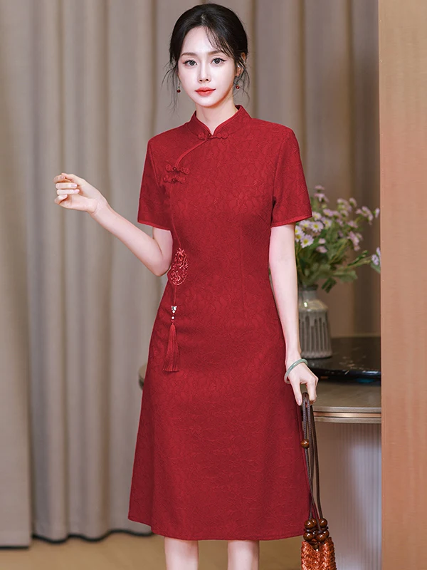 Red Chinese Style  Wedding Dress Short Sleeve Mid-Length Slant Collar Breathable Fabric Vintage Wind for Women
