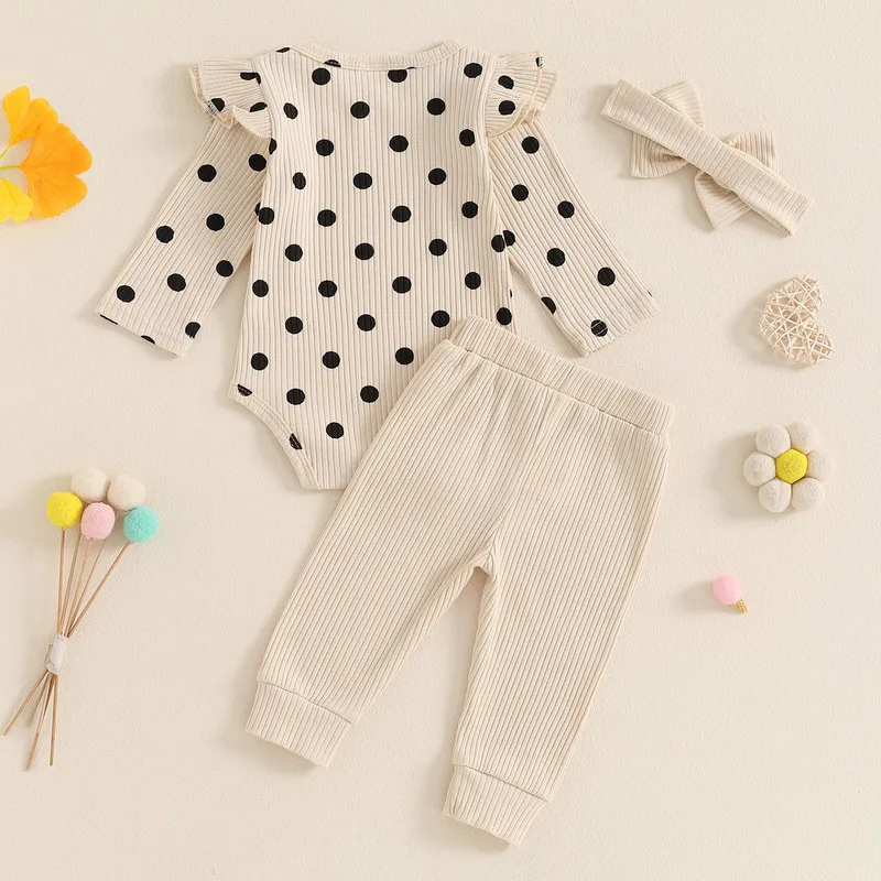 RUEWEY 0 to 18 Months Baby Girl Pant Sets Spring Autumn Clothes Long Sleeve Dots Print Bodysuit with Pants and Bowknot Headband