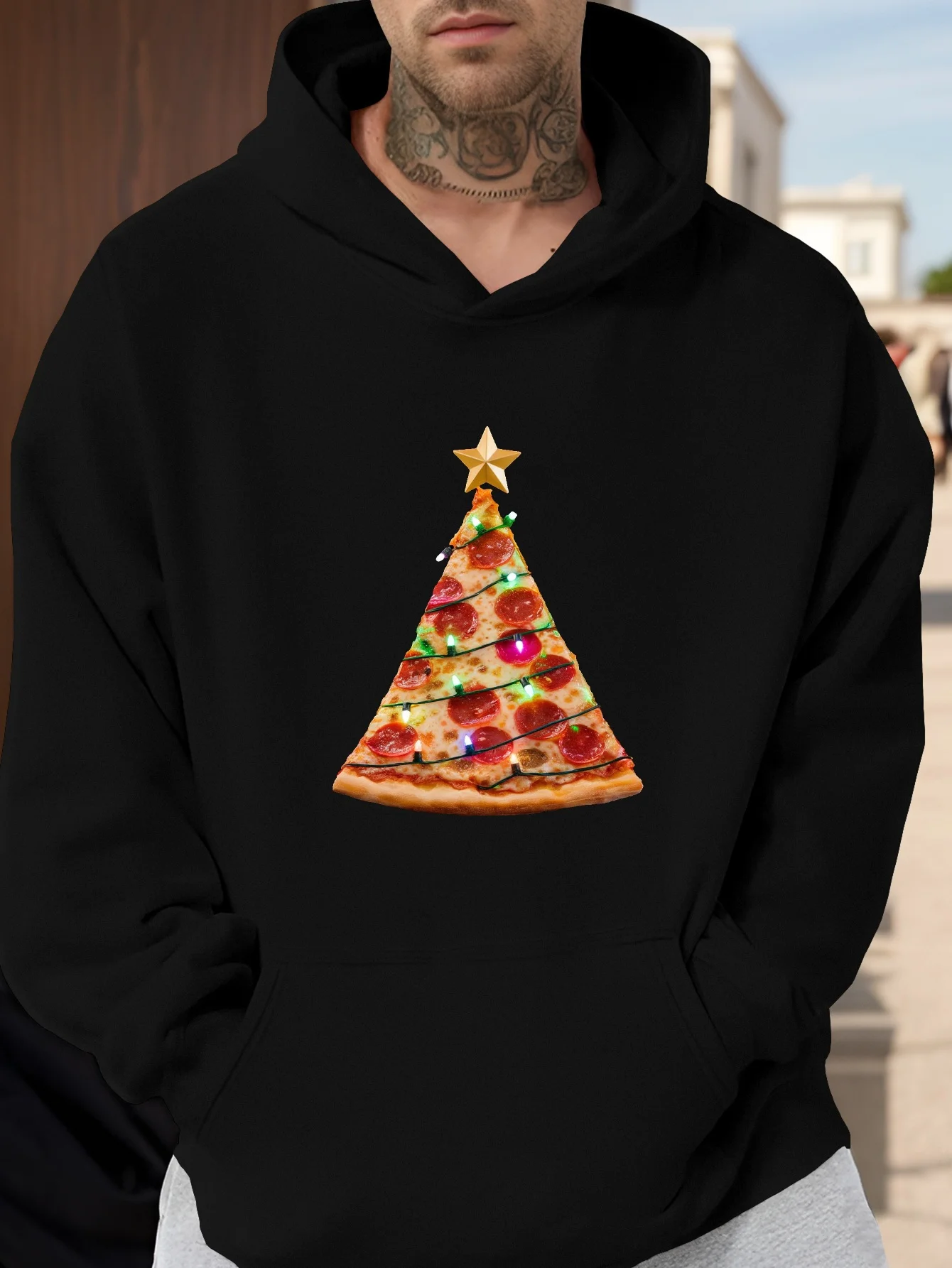 Sudadera con capucha de talla grande para hombre - Divertida árbol de Navidad con diseño de pizza - Sudadera con capucha roja para traje de fiesta de Navidad - Jph-9 Big