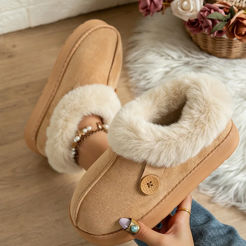 Men's Winter Cotton Shoes Fashionable Buttons Simple Home Riser Comfortable Plush Snow Boots Women's Anti Slip and Warm Boots