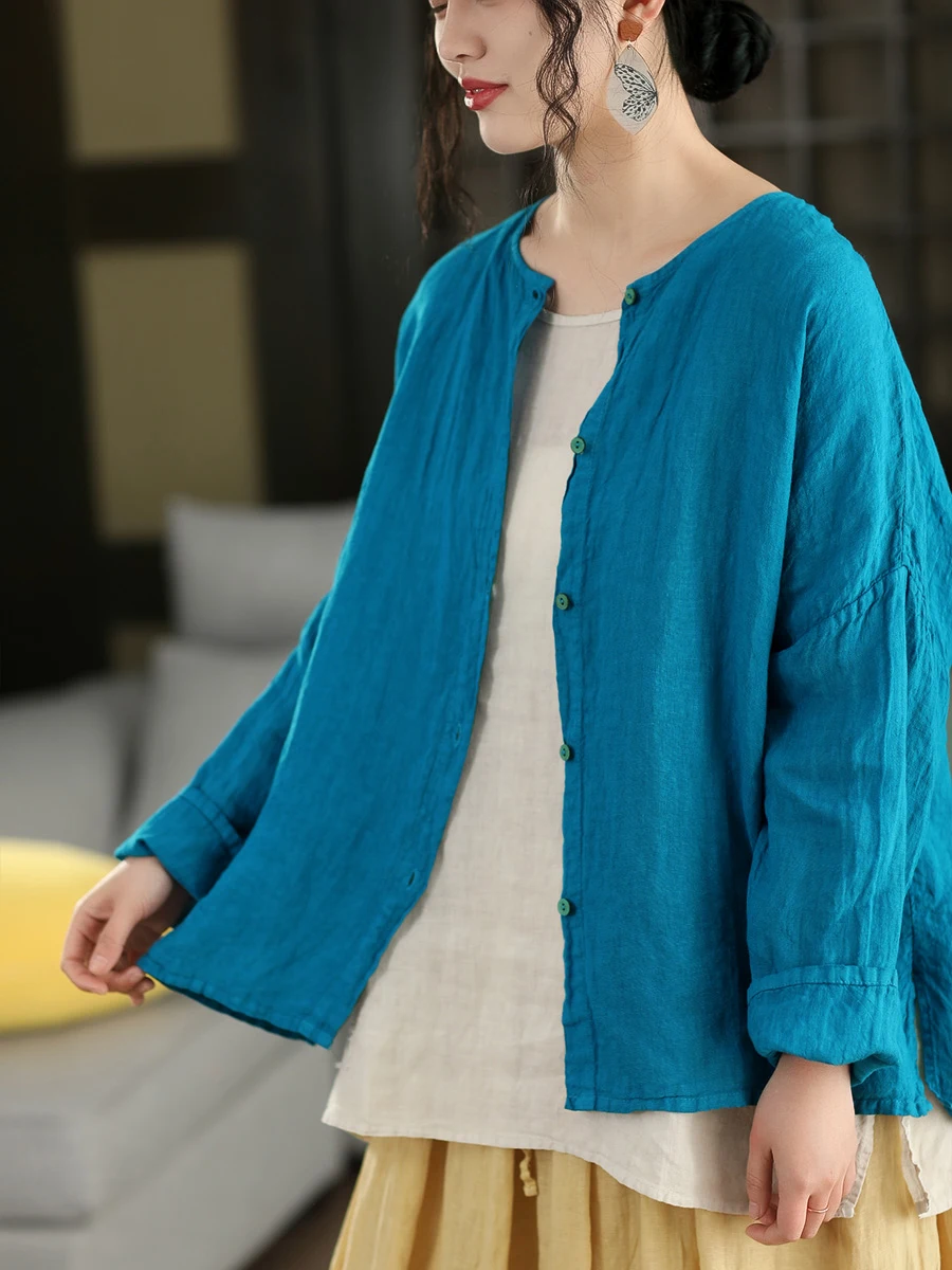

Retro Pure Linen Open Cardigan Top Women's Dry Clean Single Button Shirt Jacket Loose Fit Long Sleeve round Neck Spring Fashion