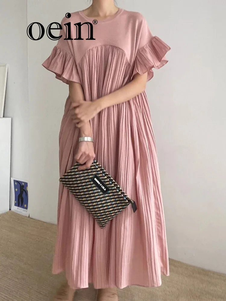 

[oein] Korean Chic French Style Light Mature Style Patchwork Pleated Flying Sleeve Long Dress