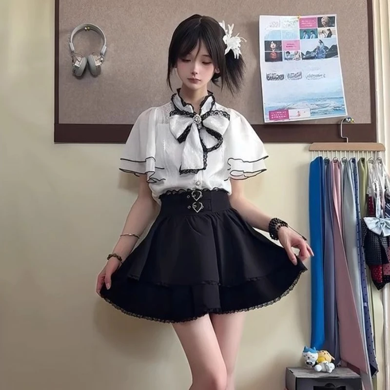 

Japanese Style Sweet Mine Short Sleeve Shirt and Skirt 2-Piece Set Girl Cute Bow Elegant Lolita Shirt and Skirt Women Outfits