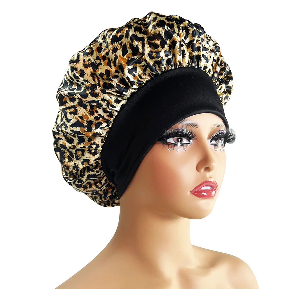 Boné de dormir cetim noite estampa leopardo para mulheres, gorro longo para cabelos encaracolados, cabelo para chuveiro, novo uso múltiplo