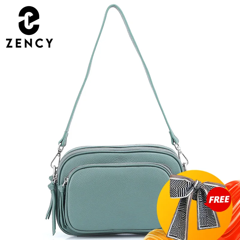 Zency Casual Designer Women Shoulder Bag Top Layer Cowhide Leather Handbag More pockets Large Capacity Female Crossbody Bag Blue