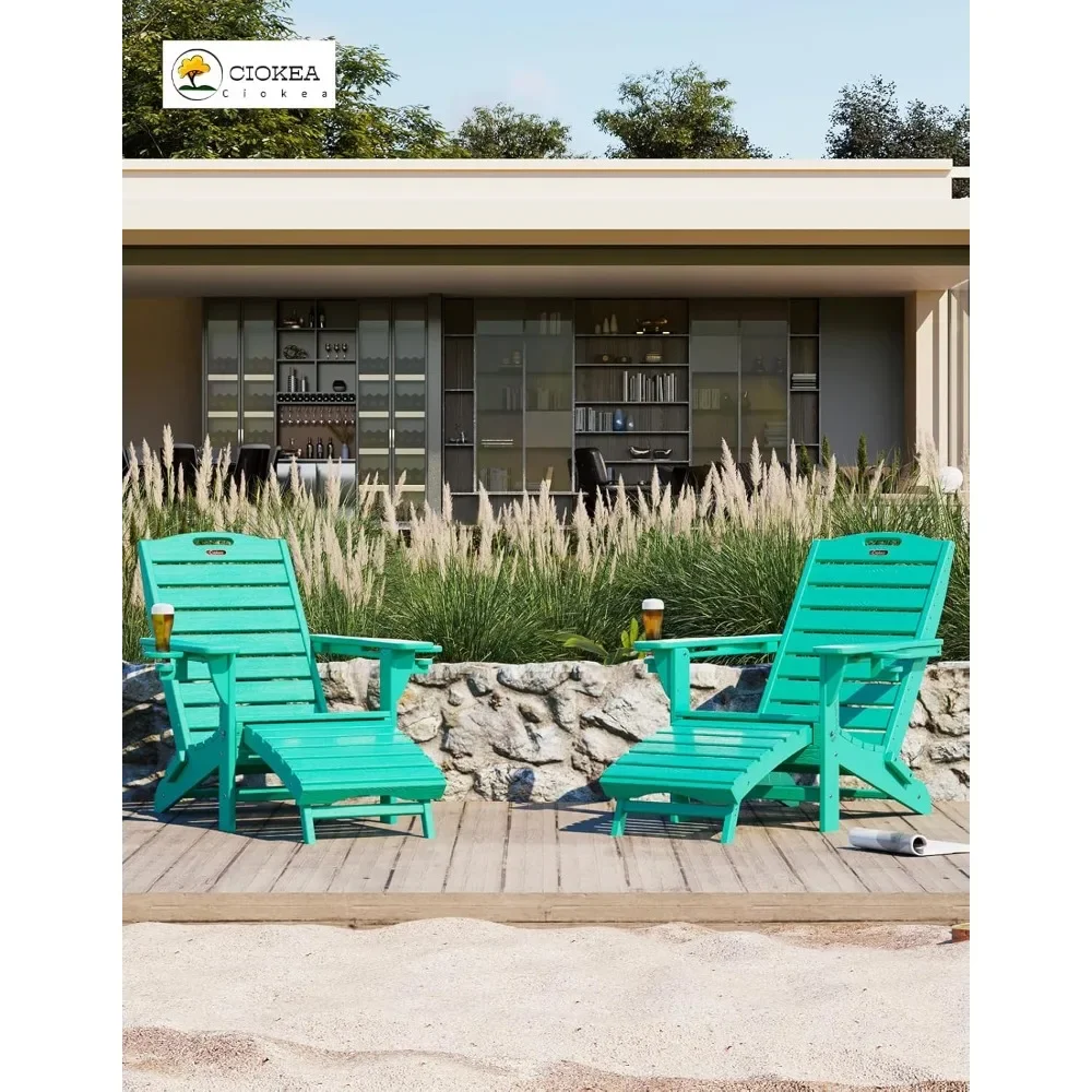 

Folding Adirondack Chair Set of 2 with Retractable Ottoman Fire Pit Patio Chair with Pull Out Foot Rest Weather Resistant Lawn