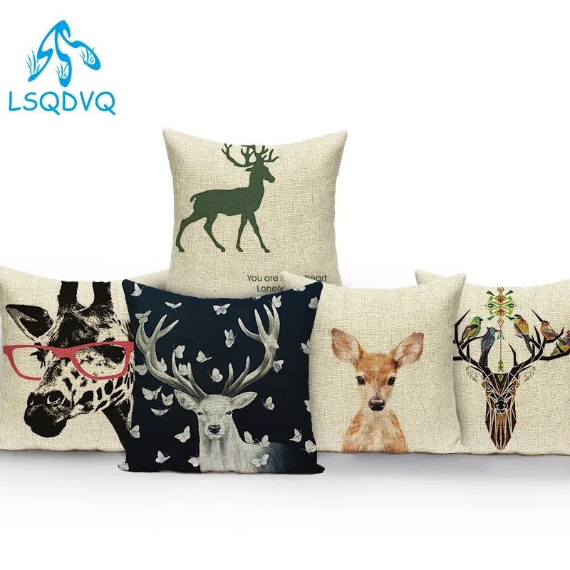 Pillow Lovely Animals Sika Deer Giraffe Pillow Cover Decorative Polyester Sofa Home Cushion Cover for Living Room Decoration