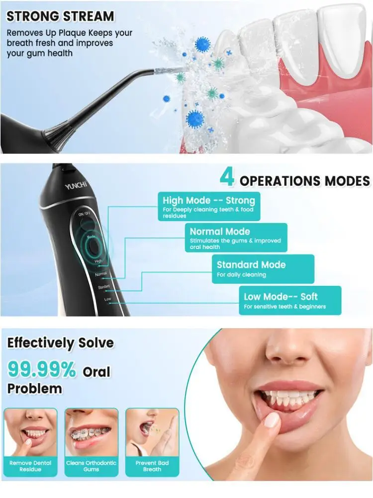 Yunchi Portable Cordless Water Flosser 300Ml Oral Irrigator 4 Cleaning Modes Waterproof Rechargeable 4 Nozzles Gum Care