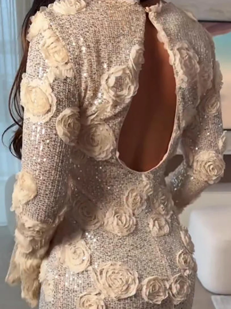 

New Autumn Flare Sleeve Sequin Bridesmaid Dress Fashion High Waist Formal Occasion Dress Women O-neck Jacquard Slim Party Dress