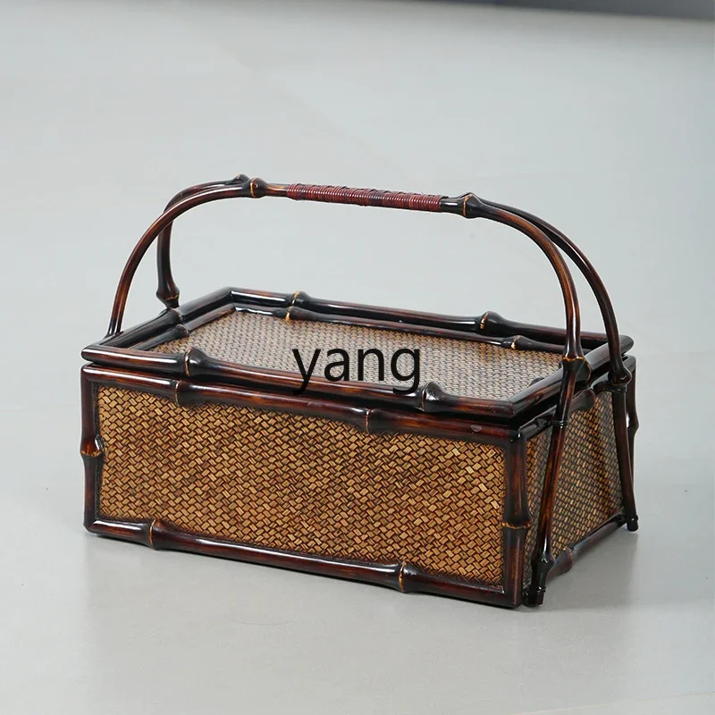 Lmm handmade bamboo woven portable tea box food box outdoor tea basket tea set storage bag large paint basket