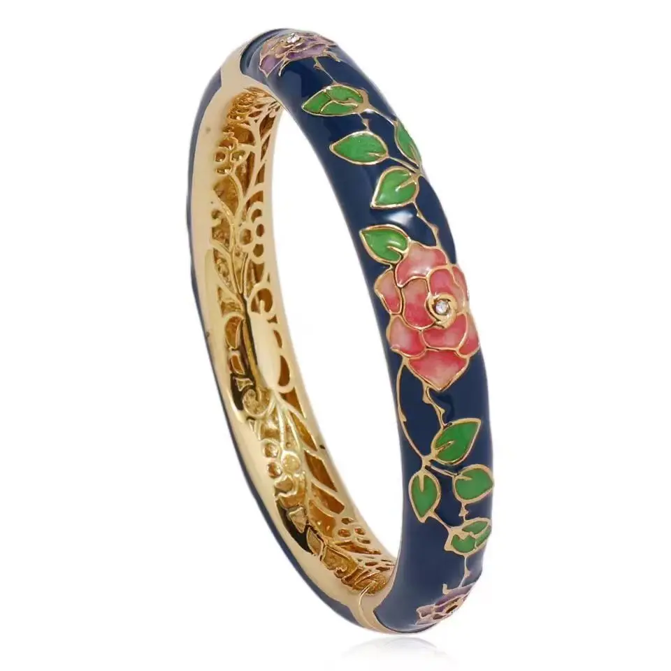 

Latest Vintage Peony Flower Bangles Women Bracelets Chinese Cloisonne Enamel Ethnic Spring Hinged Cuff Bracelet