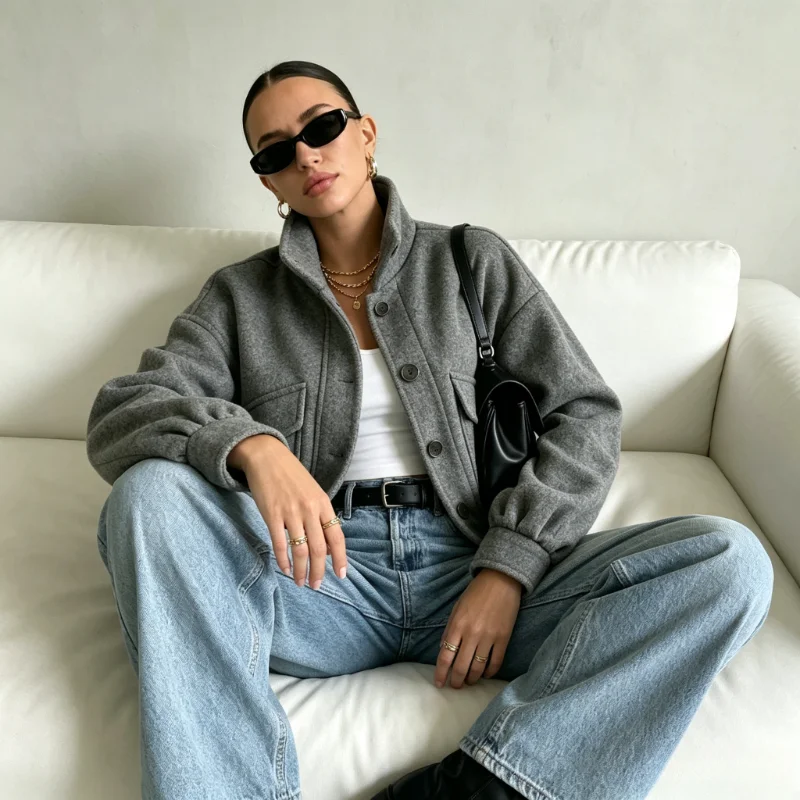 Chic New Fall Women Vintage Style Cropped Jacket Stand Collar Single Breasted Batwing Sleeve Cargo Pocket Loose Short Outerwear