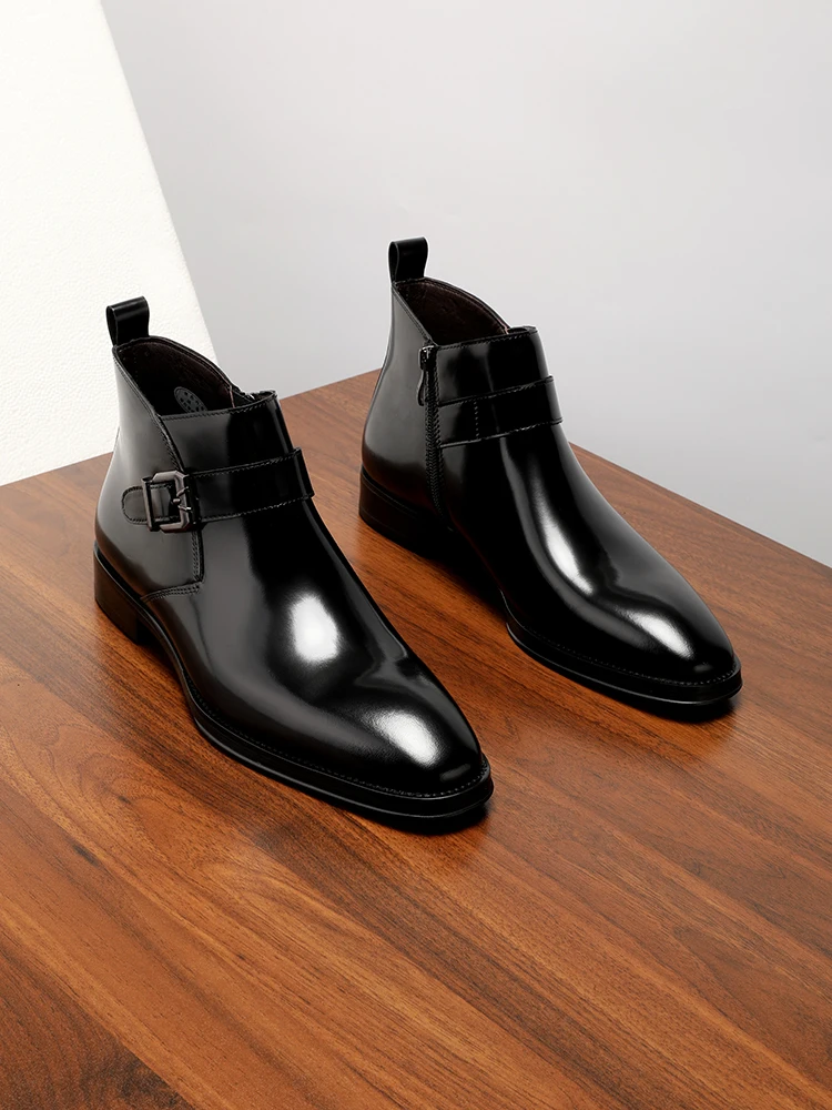 New Business Formal Chelsea Boots, First-layer Cowhide High-top Pointed Glossy Short Boots Fashionable Men's Shoes view 3