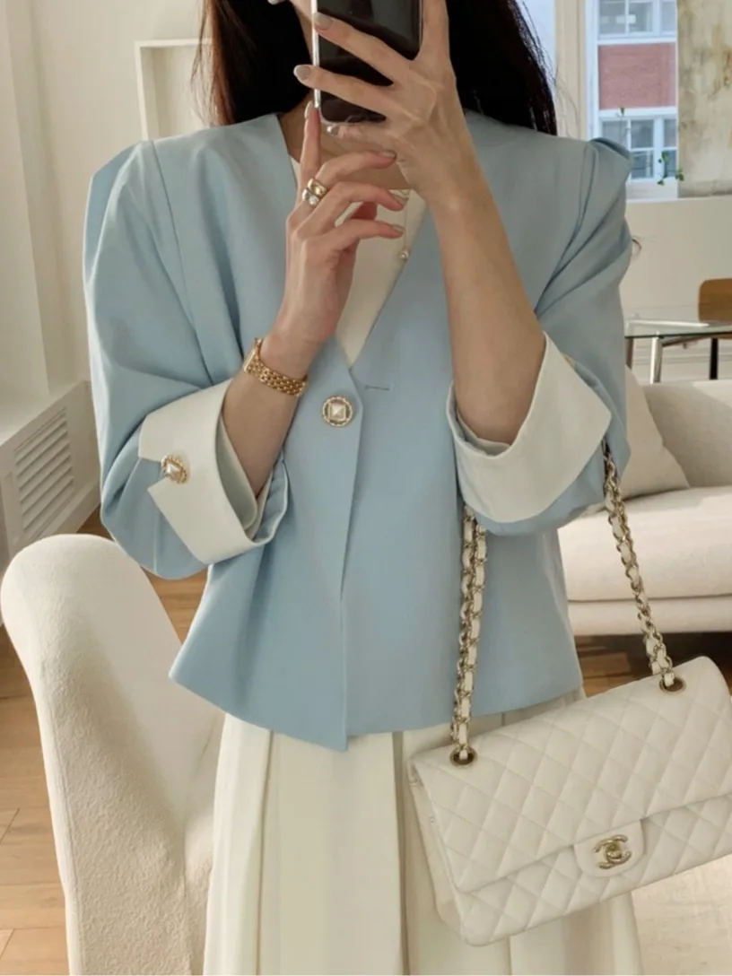 

Ele Pearl Button ort Loose Fit V-Ne Women's Gentle Sle Autumn Faion Outerwear Comfortable Casual Suit