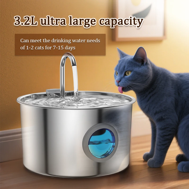 

Cat Fountain Stainless Steel Pet Water Feeder 3.2L Capacity Automatic Pet Water Dispenser Multi-layer Filtration Water Bowl