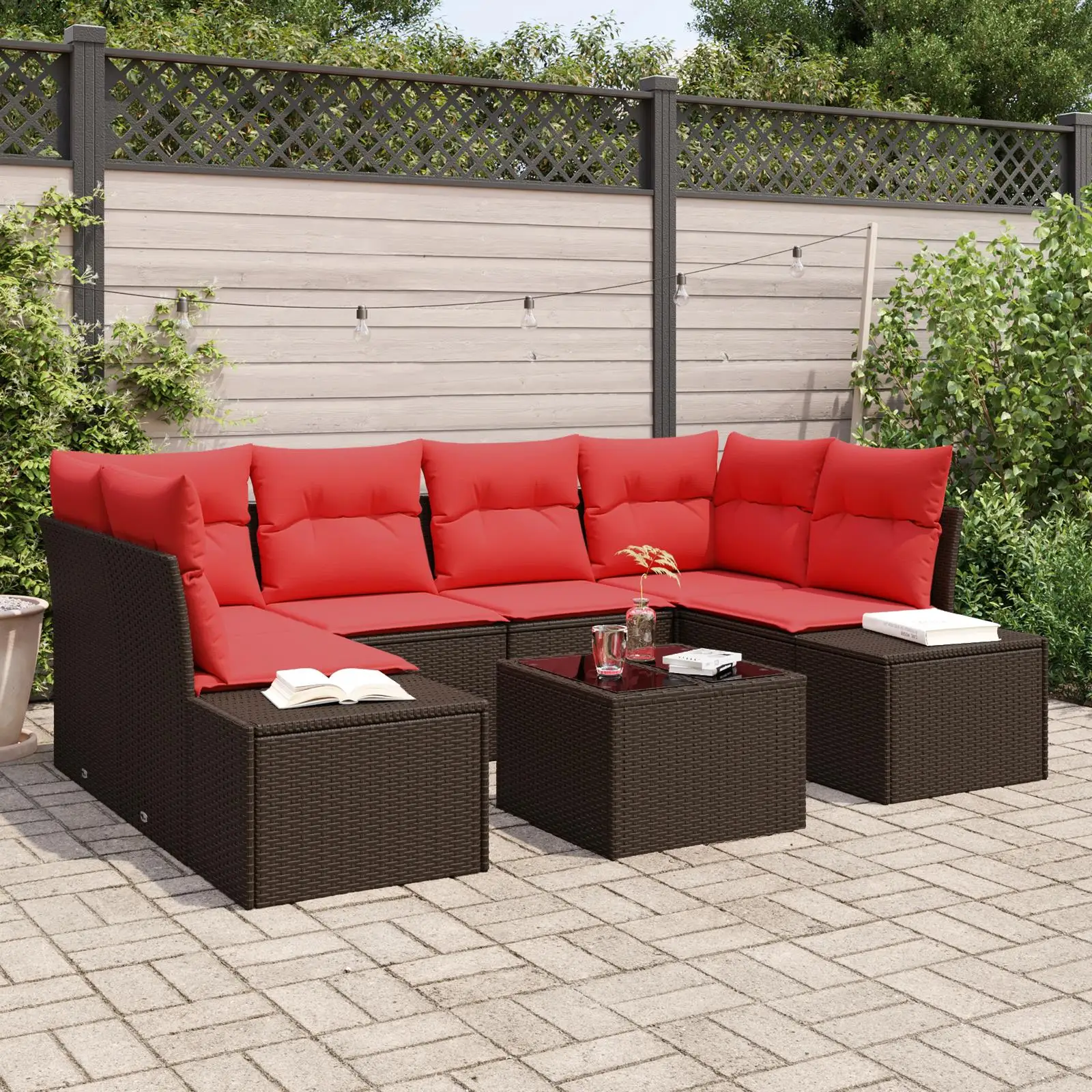 

7 Piece Brown Rattan Outdoor Garden Sofa Set with Cushions Comfortable Patio Furniture