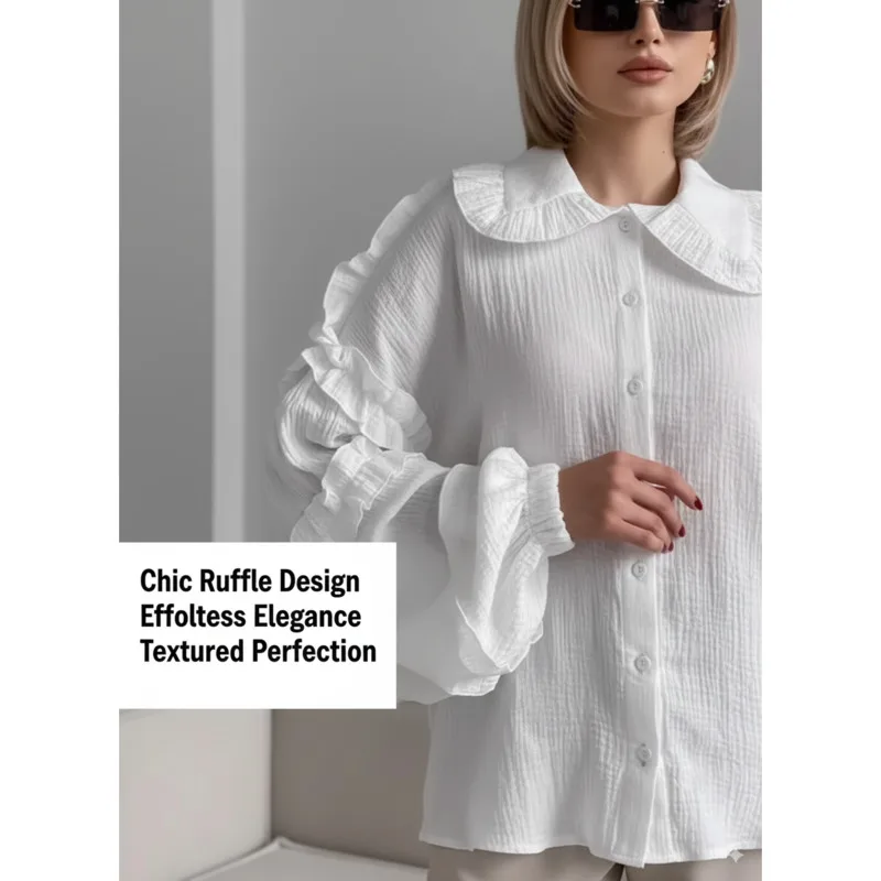 

Модная женская хлопковая блузка с длинным рукавом, осень-зима, рукав-фонарик, акцент с рюшами, свободный крой, шикарный топ, элегантная повседневная рубашка