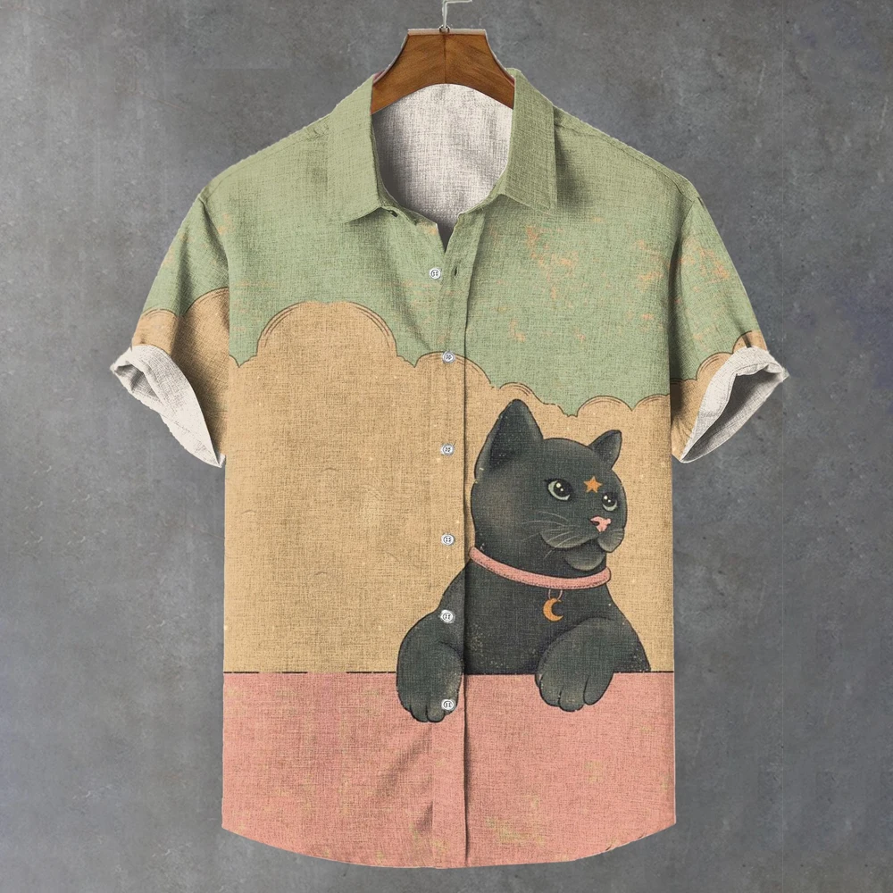 Camisa estampada com estampa animal masculina, Camisa extragrande, camisas gato, manga curta, streetwear casual, roupa masculina, blusa cardigan,