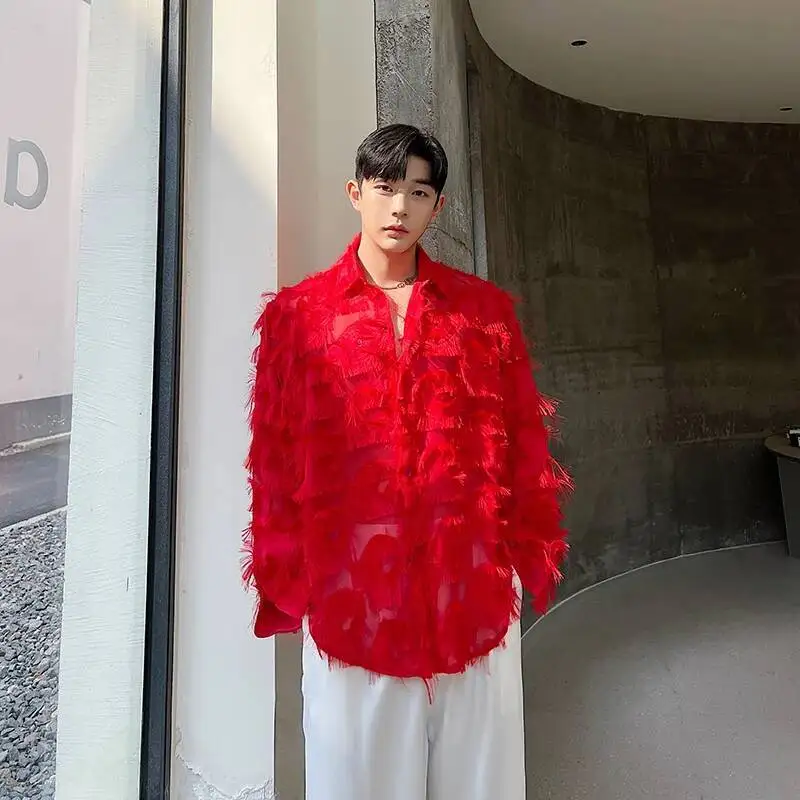 Advanced Men's Shirts Solid Cat Eyes Thick Tassel Streetwear Lapel Long Sleeve Korean Sexy Camisas Loose Casual Men Clothing