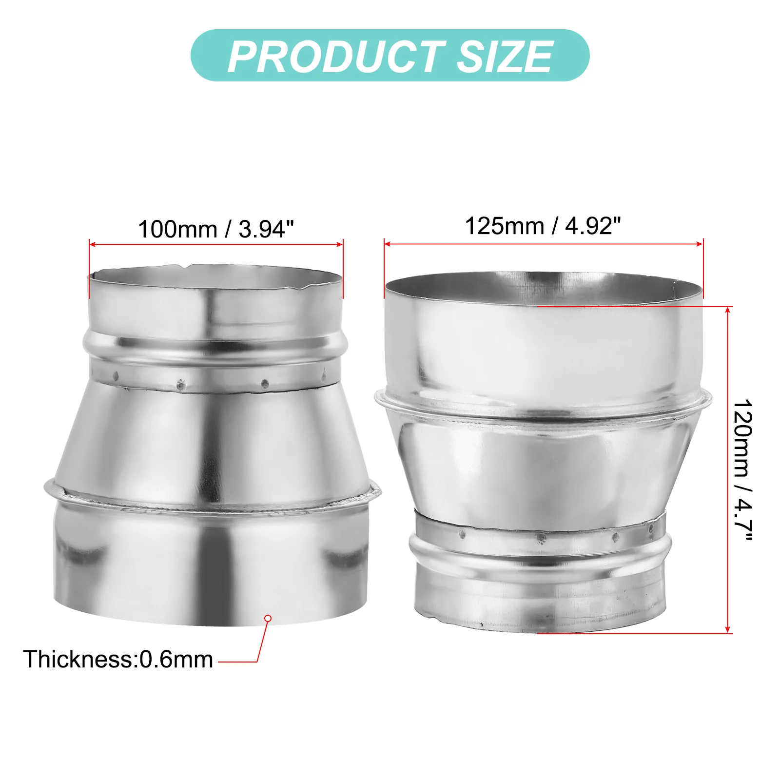 1Pc Duct Reducer Galvanized Steel Adapter Air Ducting Pipe Vent Hose Reducer Increaser Coupling for HVAC Duct Dryer Vent Chimney