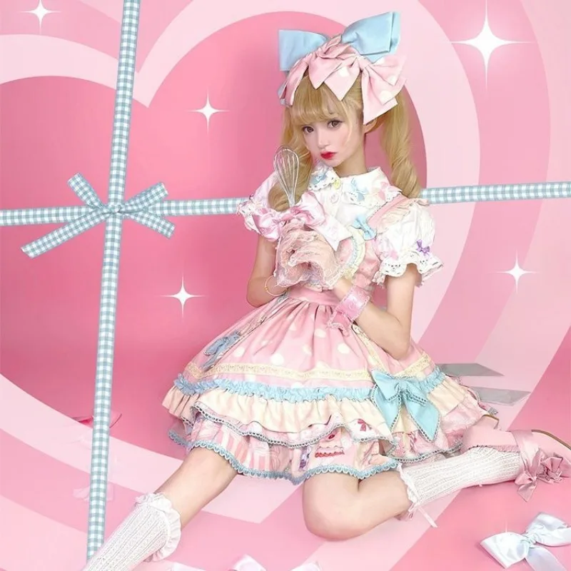 Hotsale القوس الكرتون طباعة جرلي Kawaii فساتين حفلة الأميرة بلا أكمام Harajuku اليابانية الحلو لوليتا Jsk فستان المرأة 2025 جديد