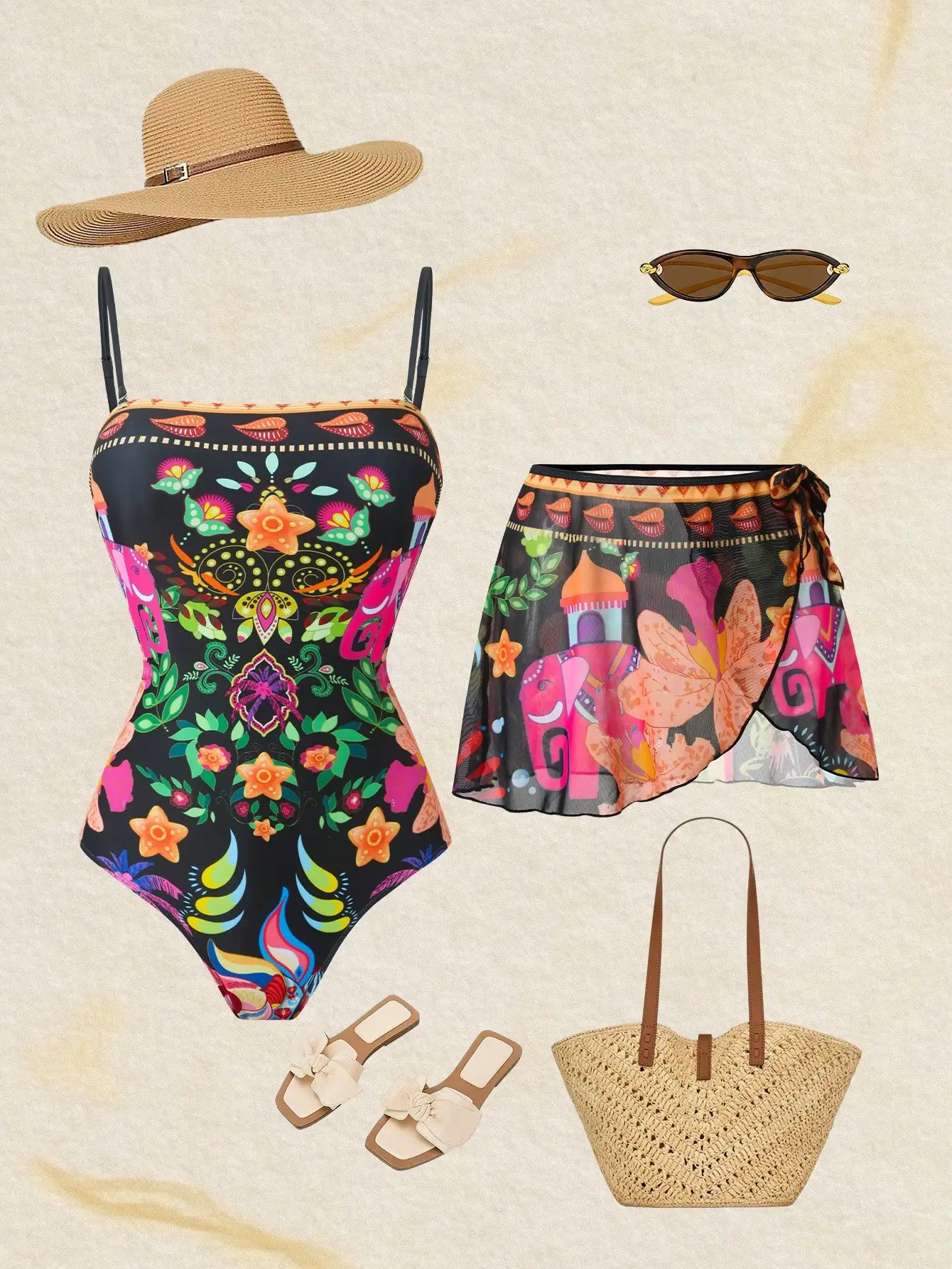 

Women's Printed One-Piece Swimsuit With Skirt Cover Beach Vacation Swimwear