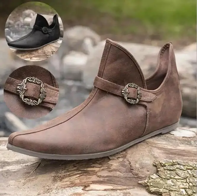 Pirate Boots Medieval Viking Vintage Renaissance Brown Buckle Leather Boots Short Flat Shoes Men Knight Prince Cosplay Costume