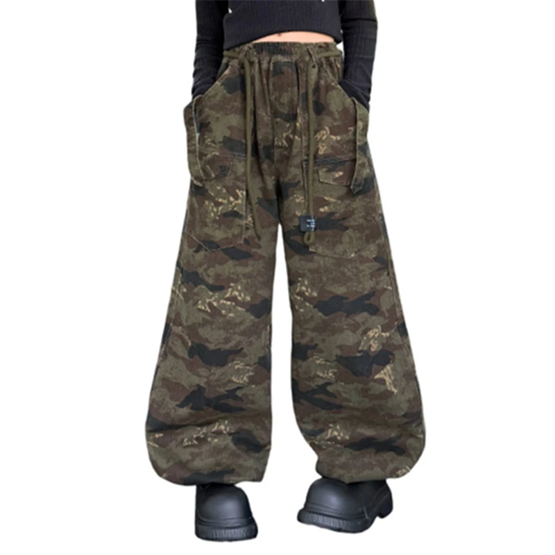 Child Drawstring Camouflage Cargo Pants For Tweens Girl Street Pocket Camo Trousers Teens Kids Straight Camouflage Sweatpants