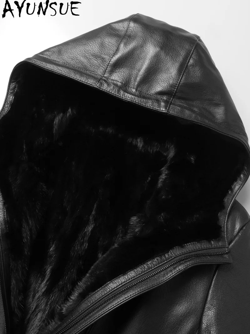 AYUNSUE High Quality 100% Goatskin Genuine Leather Jacket Men Hooded Winter 2026 Luxury Mink Fur Liner Coat Warm Black Fur Coats view 4