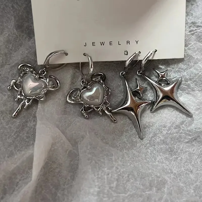 Simple Silver Color Star Earrings for Women Girls Opal Stone Heart Hoop Earrings Punk Y2K Cute Daily Wear Jewelry Party Gifts