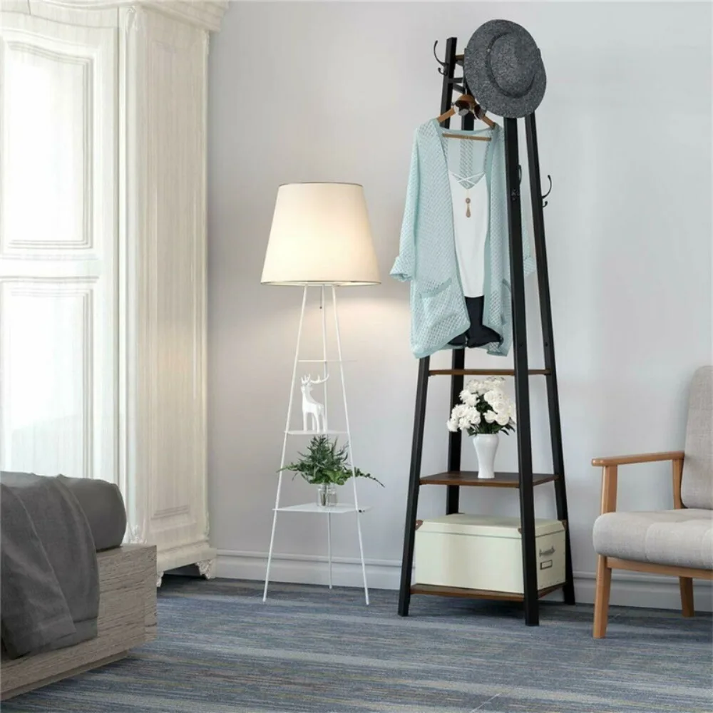 

Industrial Metal Coat Rack Clothes Rail 8 Hook Garment Stand 4 Shelves Hall Tree