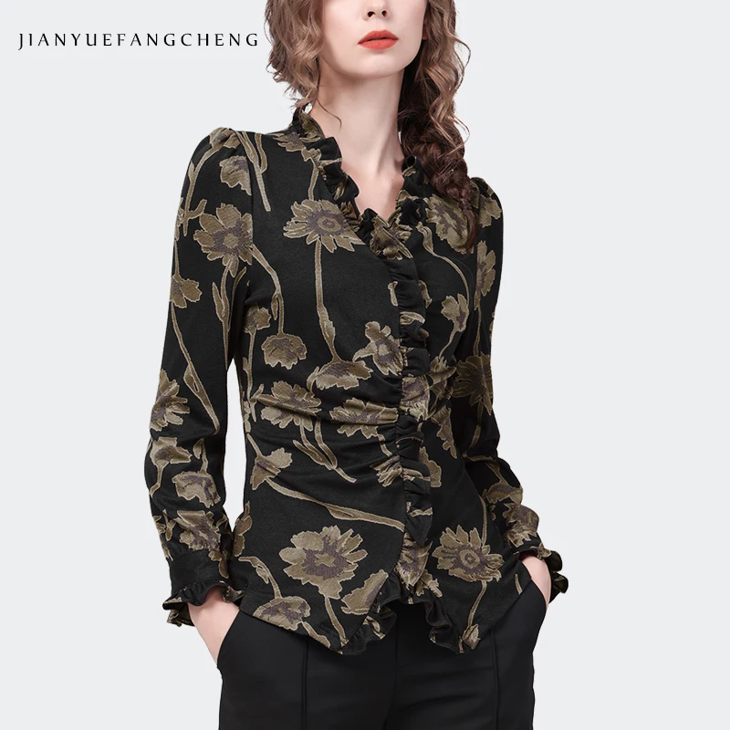 Imagem -03 - Vintage Floral Impresso Womens Stretching Alongamento Camisa de Malha Elegante Magro Babados Topos 2023 Outono Nova Manga Longa Blusas de Malha com Decote em v