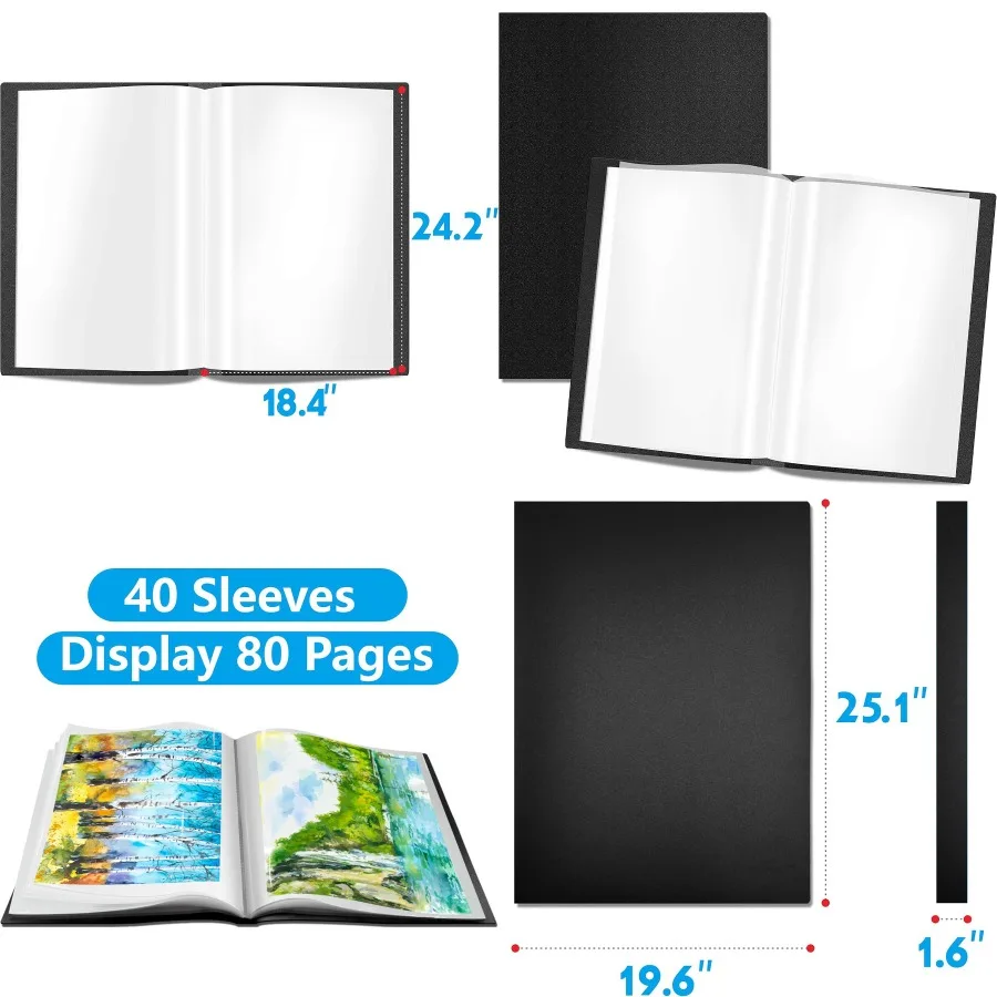 Libro di presentazione con 40 tasche trasparenti, buste protettive per opere d'arte, fogli di report, lettere e documenti, ideale per l'esposizione