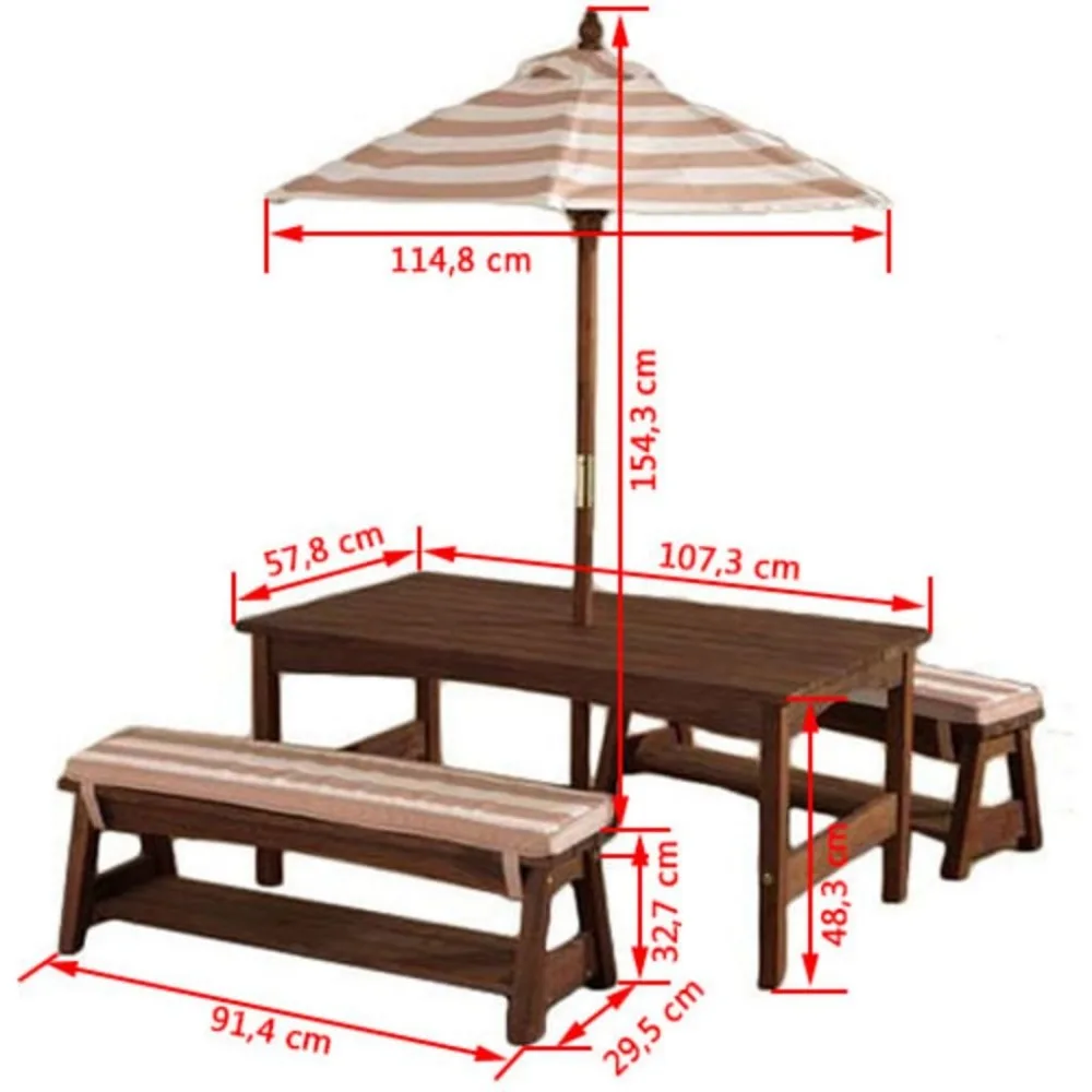 Outdoor Wooden Table & Bench Set with Cushions and Umbrella, Kids Backyard Furniture