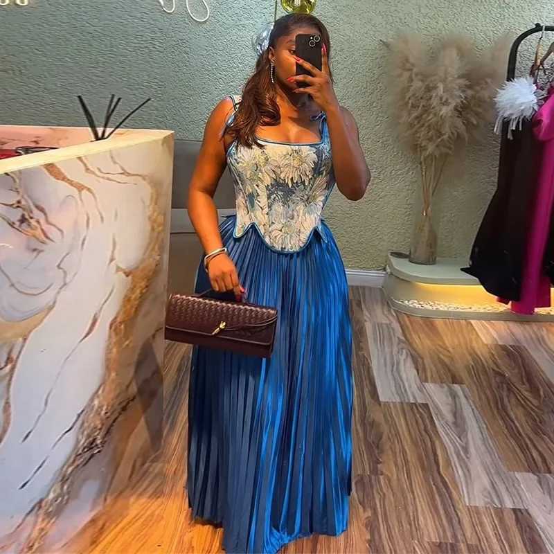 

Women Fashion 2 Piece Set 2025 Summer Floral Print Square Neck Sleeveless Lace Up Corset Tank Tops + Pleated Long Skirts Suits