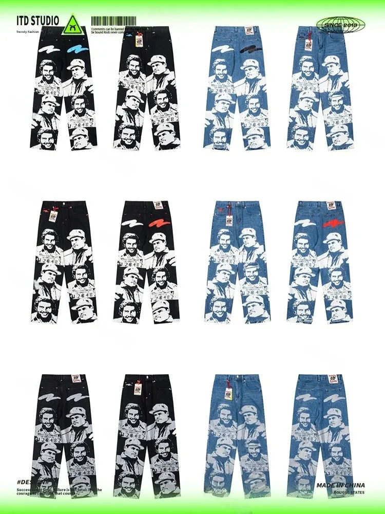 High Waist Straight Leg American Style Jeans Men Women High Quality Cross-Border Trendy Brand Vibe Print Casual Loose Fit